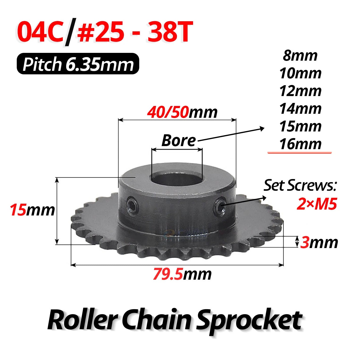 #25 Roller Chain Sprocket 04C 9T-40T Tooth Bore 5mm-20mm Pitch 6.35mm (1/4 inch)