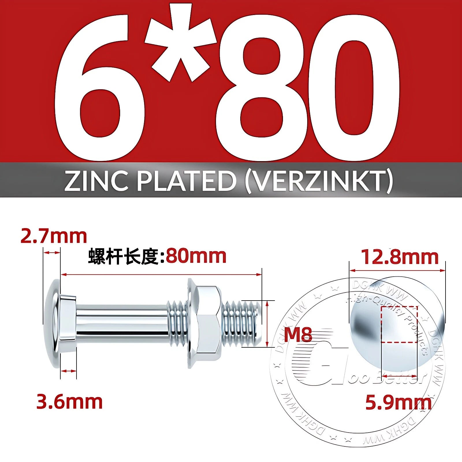 Cup Square Carriage Bolts with Hex Nut — Zinc Plated, M4 to M12