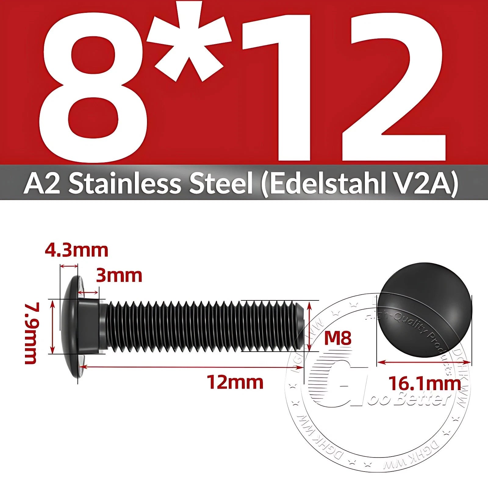 Black Stainless Steel Carriage Bolts M3–M12 | A2 Cup Square Dome Screws