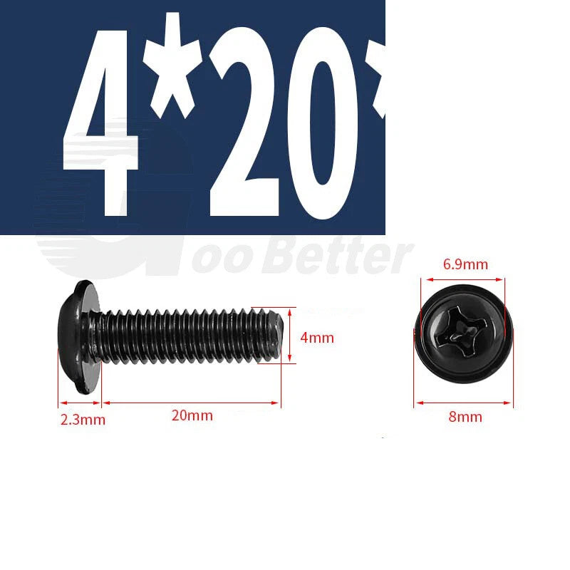 Black Zinc Flange Phillips Pan Head Machine Screws M1.4 M2 M2.5 M3 M4 M5 M6 — Washer-Free Metric Bolts