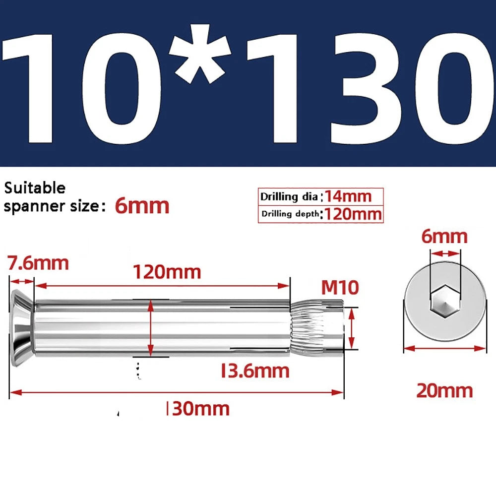 M6–M12 Countersunk Hex Socket Expansion Bolts — 304 & 201 Stainless Steel, A-Type & B-Type