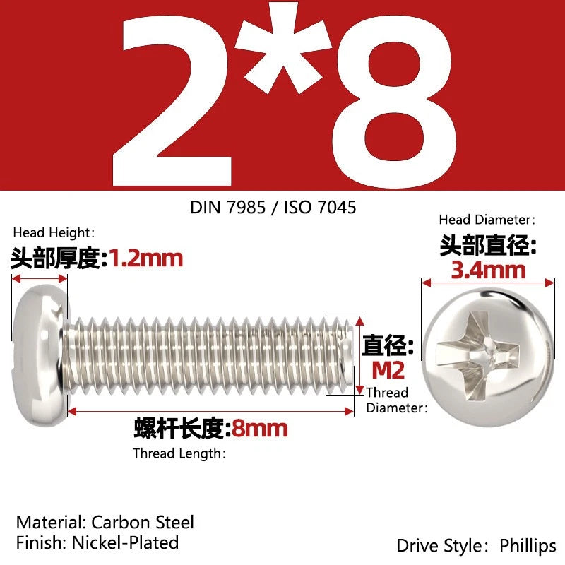Nickel Plated Pan Head Phillips Machine Screws – ISO 7045, M1 to M4, Corrosion Resistant