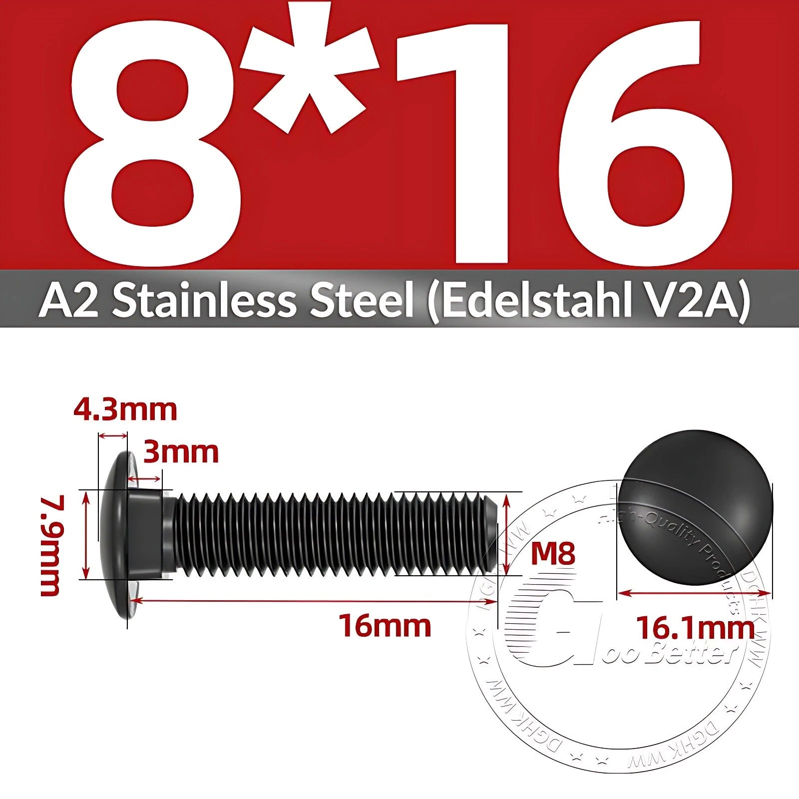 Black Stainless Steel Carriage Bolts M3–M12 | A2 Cup Square Dome Screws