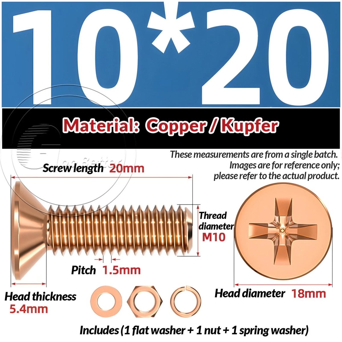 T2 Copper Pozi Countersunk Machine Screws with Flat Washer & Nut | M3–M10 - HomeDIYer