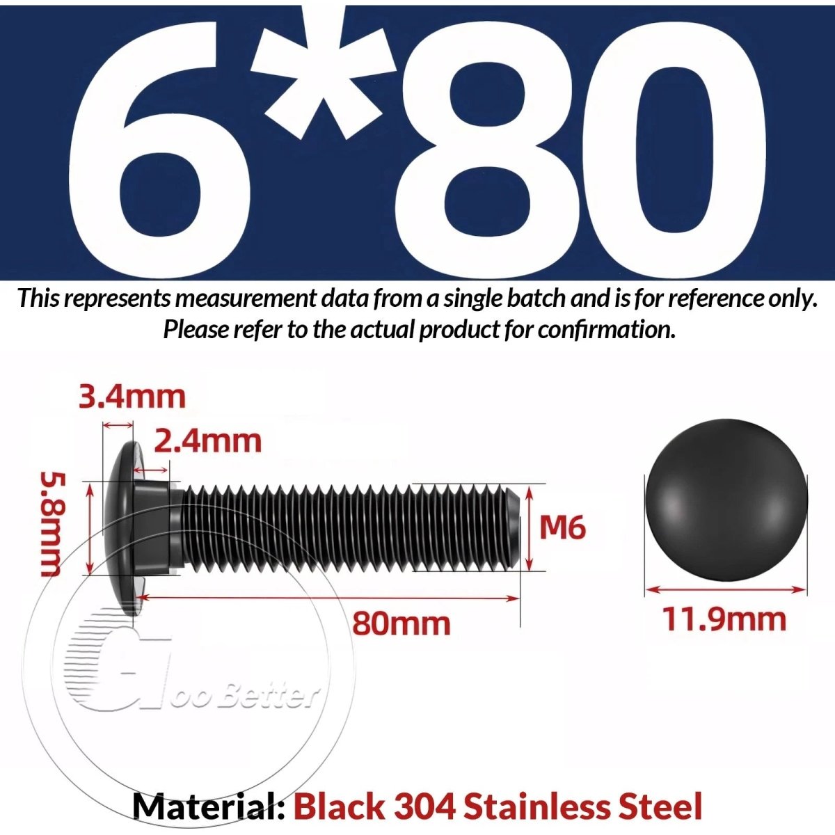 Black Carriage Bolts M3 M4 M5 M6 — Cup Square Domed Head, A2 - 70 Stainless Steel - HomeDIYer