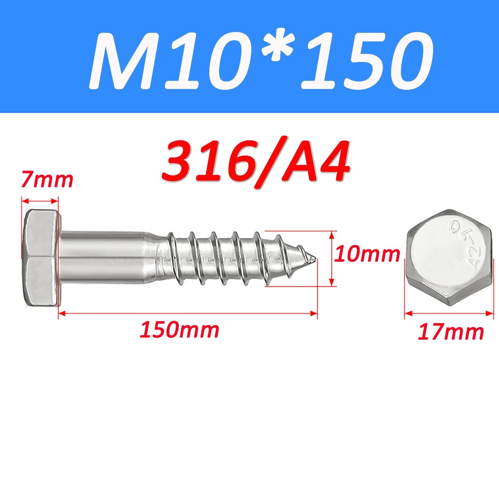 316 Stainless Steel Hex Head Lag Screws Marine Grade Wood Lag Bolts A4 Rustproof