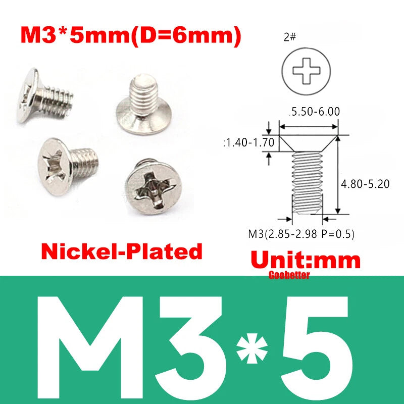 KM3 Phillips Countersunk Machine Screws – M3 x 3–18mm, Carbon or 304 Stainless, Multiple Finishes (Cross Flat Head)