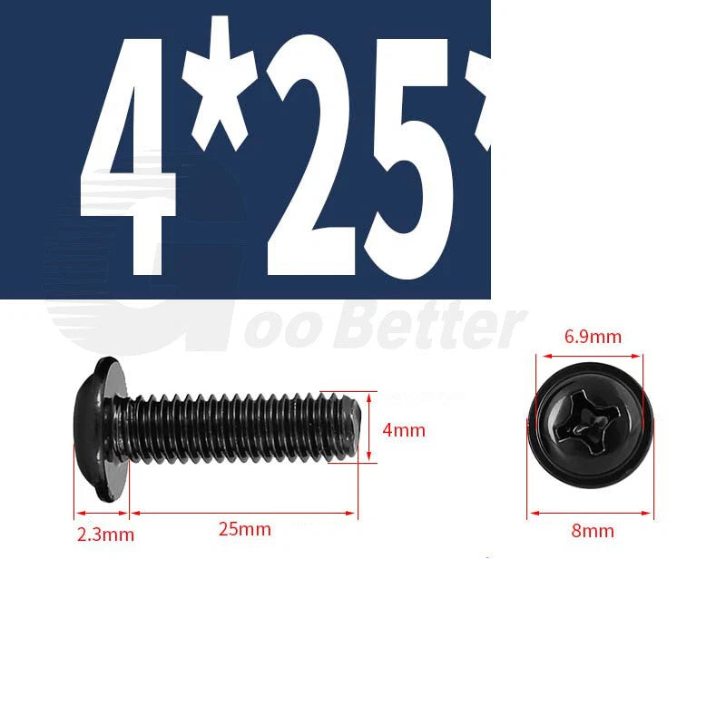 Black Zinc Flange Phillips Pan Head Machine Screws M1.4 M2 M2.5 M3 M4 M5 M6 — Washer-Free Metric Bolts