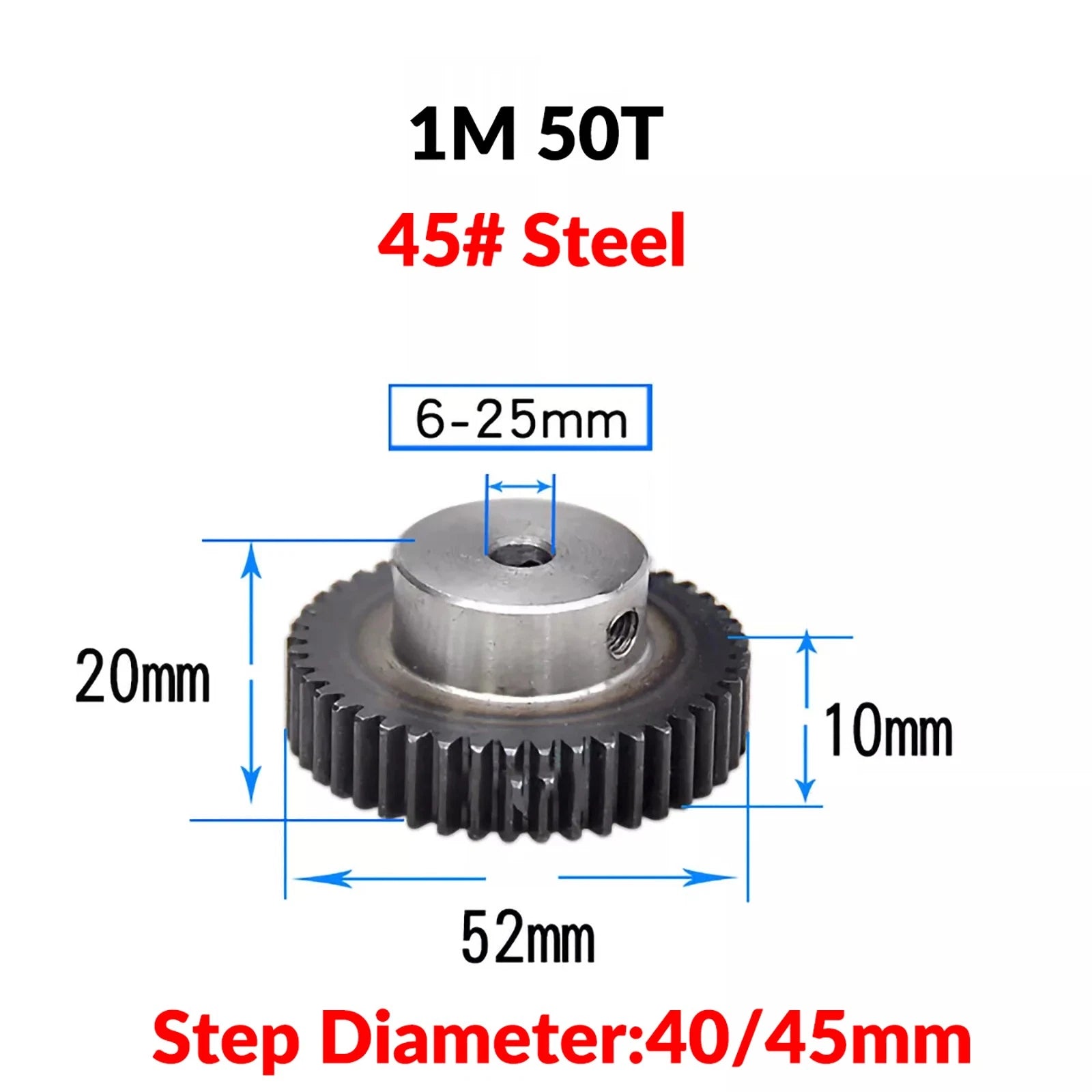 Mod 1 45# Steel Pinion Gear Spur Gears 10-60 T 14-50mm Bore With Step Motor Gear
