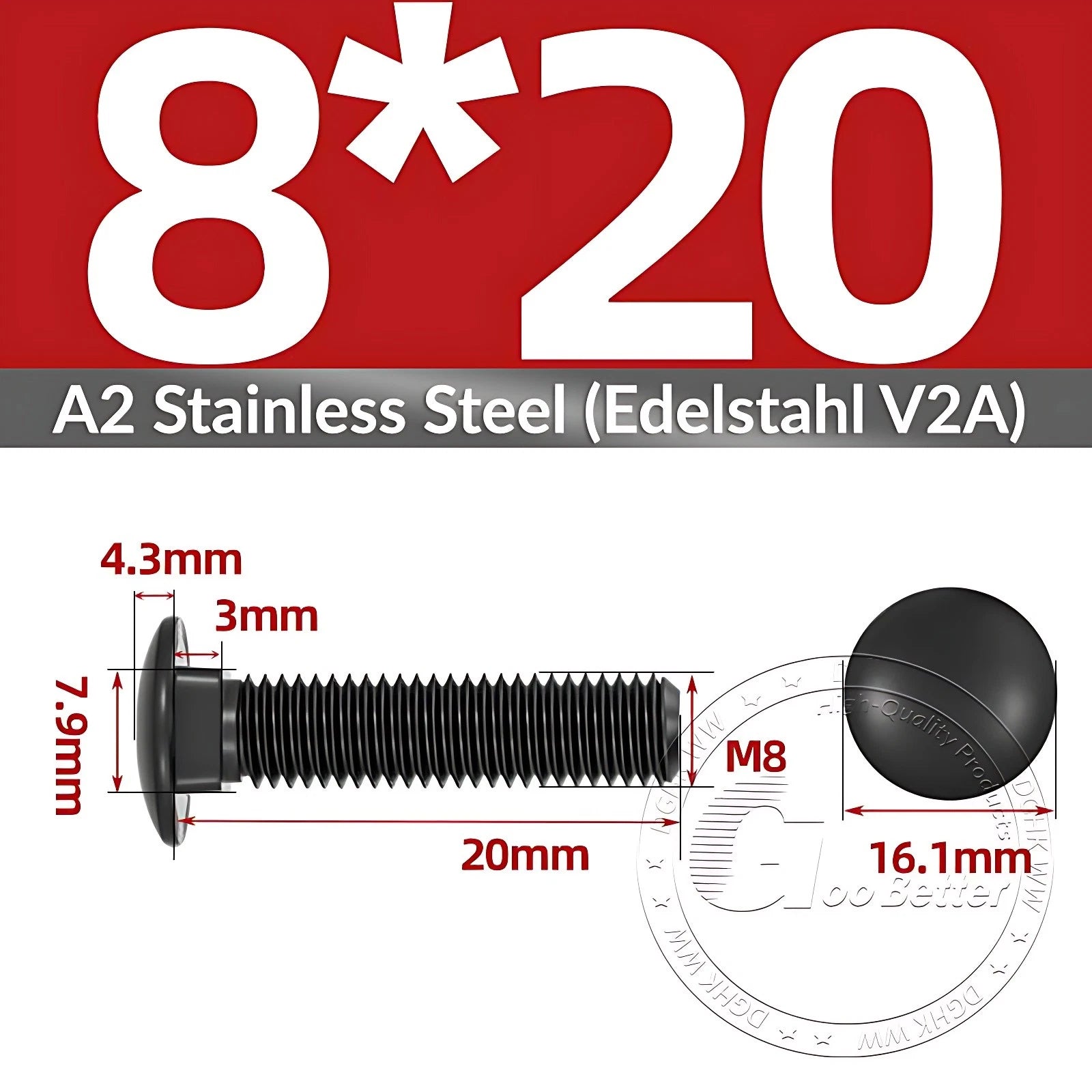 Black Stainless Steel Carriage Bolts M3–M12 | A2 Cup Square Dome Screws
