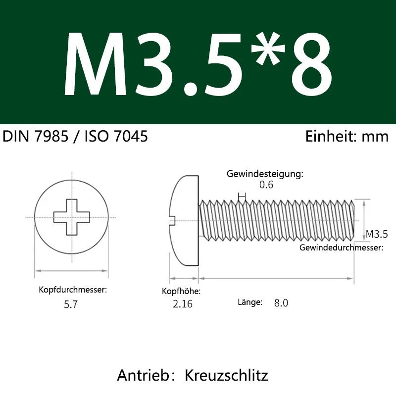 6063 Aluminium Phillips Pan Head Machine Screws DIN 7985 — M1.7 to M6 Metric