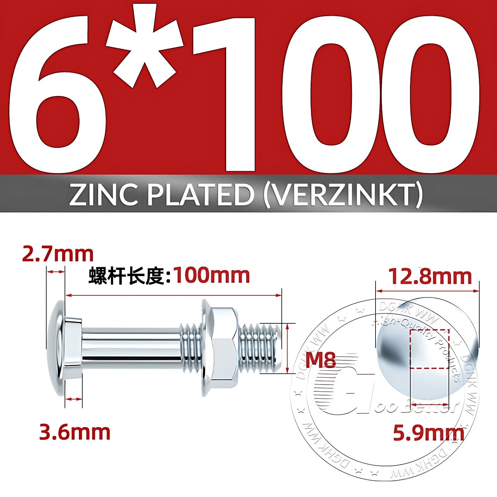 Cup Square Carriage Bolts with Hex Nut — Zinc Plated, M4 to M12