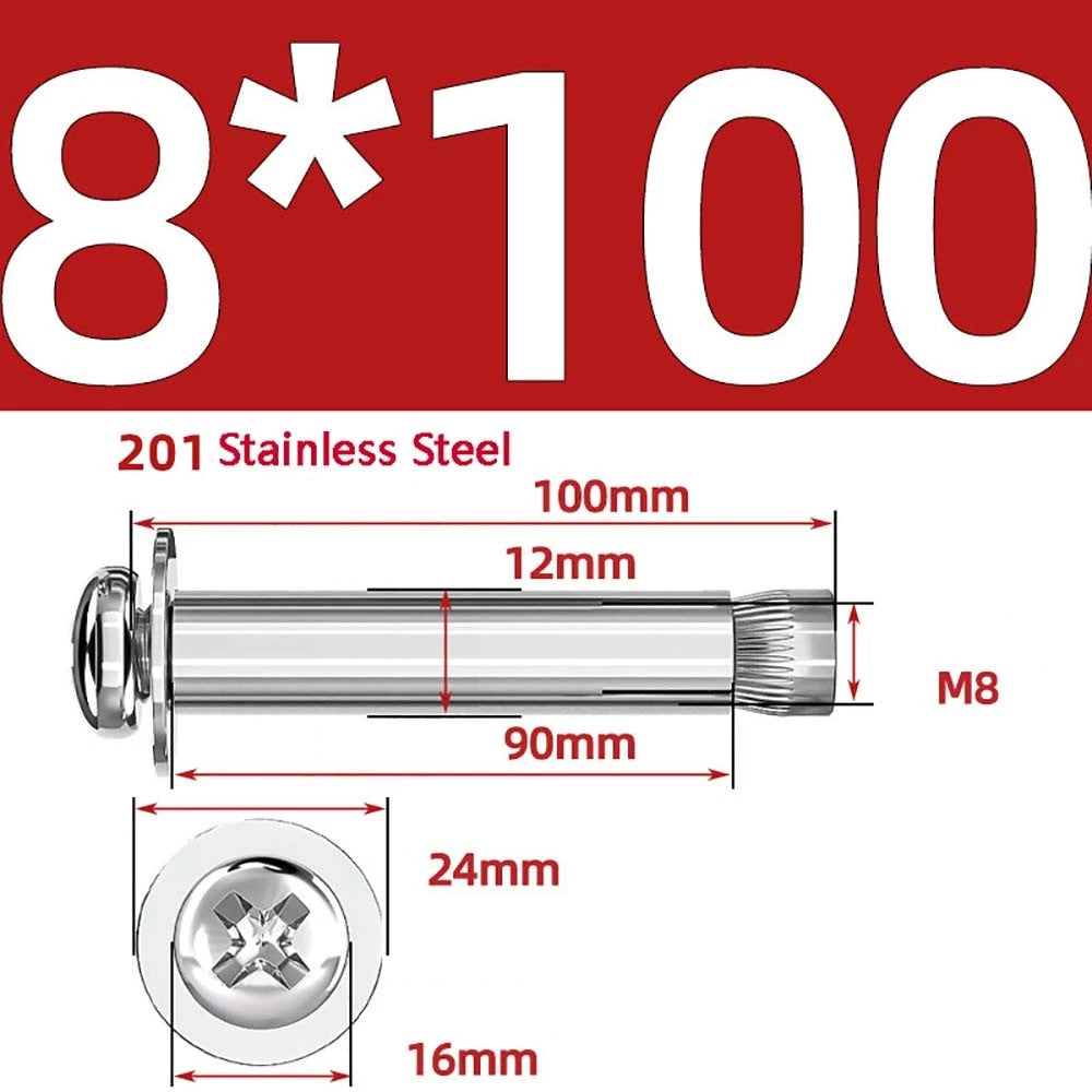 M6 M8 M10 Stainless Steel Expansion Screws — Round Head Phillips Drive, 40–100mm
