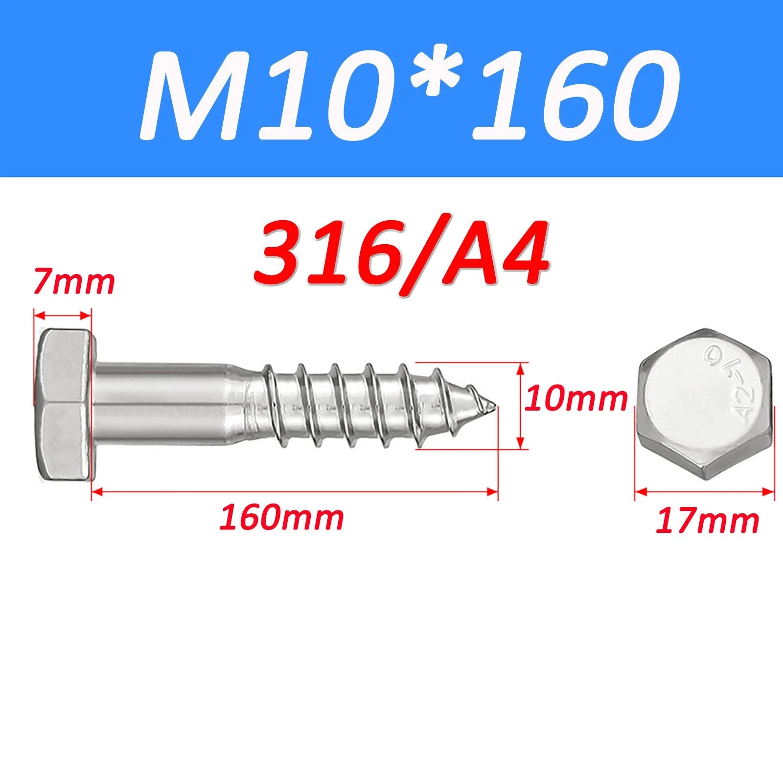 316 Stainless Steel Hex Head Lag Screws Marine Grade Wood Lag Bolts A4 Rustproof