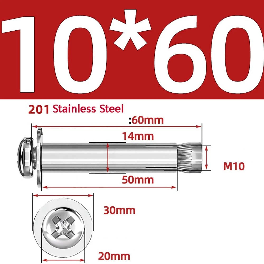 M6 M8 M10 Stainless Steel Expansion Screws — Round Head Phillips Drive, 40–100mm