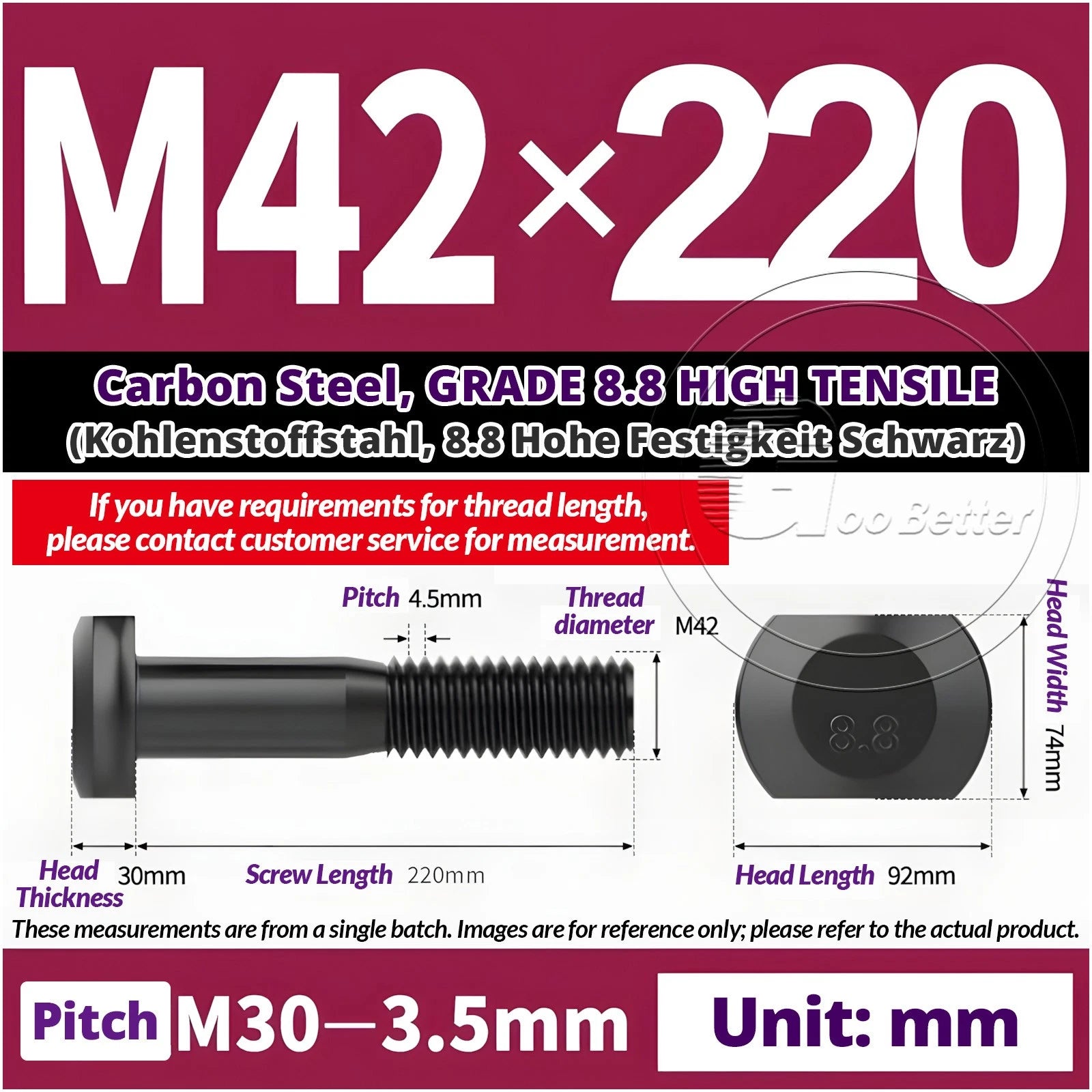 T-Slot Bolts M22 - M42 T Track Bolts 70mm to 500mm Long GRADE 8.8 HIGH TENSILE