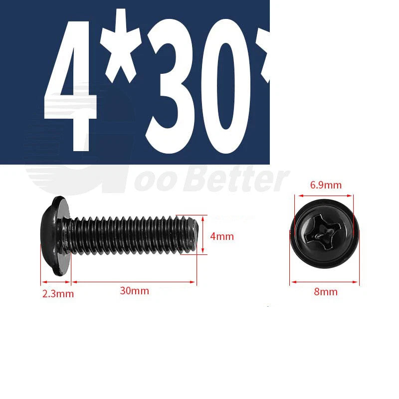 Black Zinc Flange Phillips Pan Head Machine Screws M1.4 M2 M2.5 M3 M4 M5 M6 — Washer-Free Metric Bolts