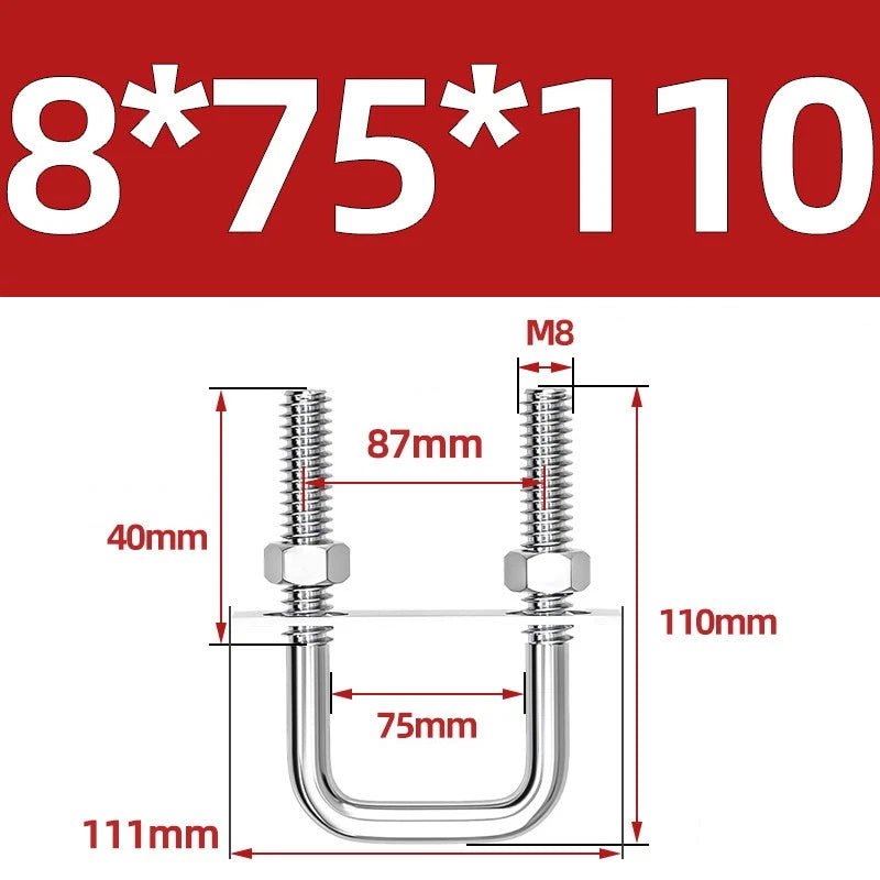 M8 Square U - Bolts Stainless Steel A2 with Plates and Nuts — Multiple Sizes - HomeDIYer