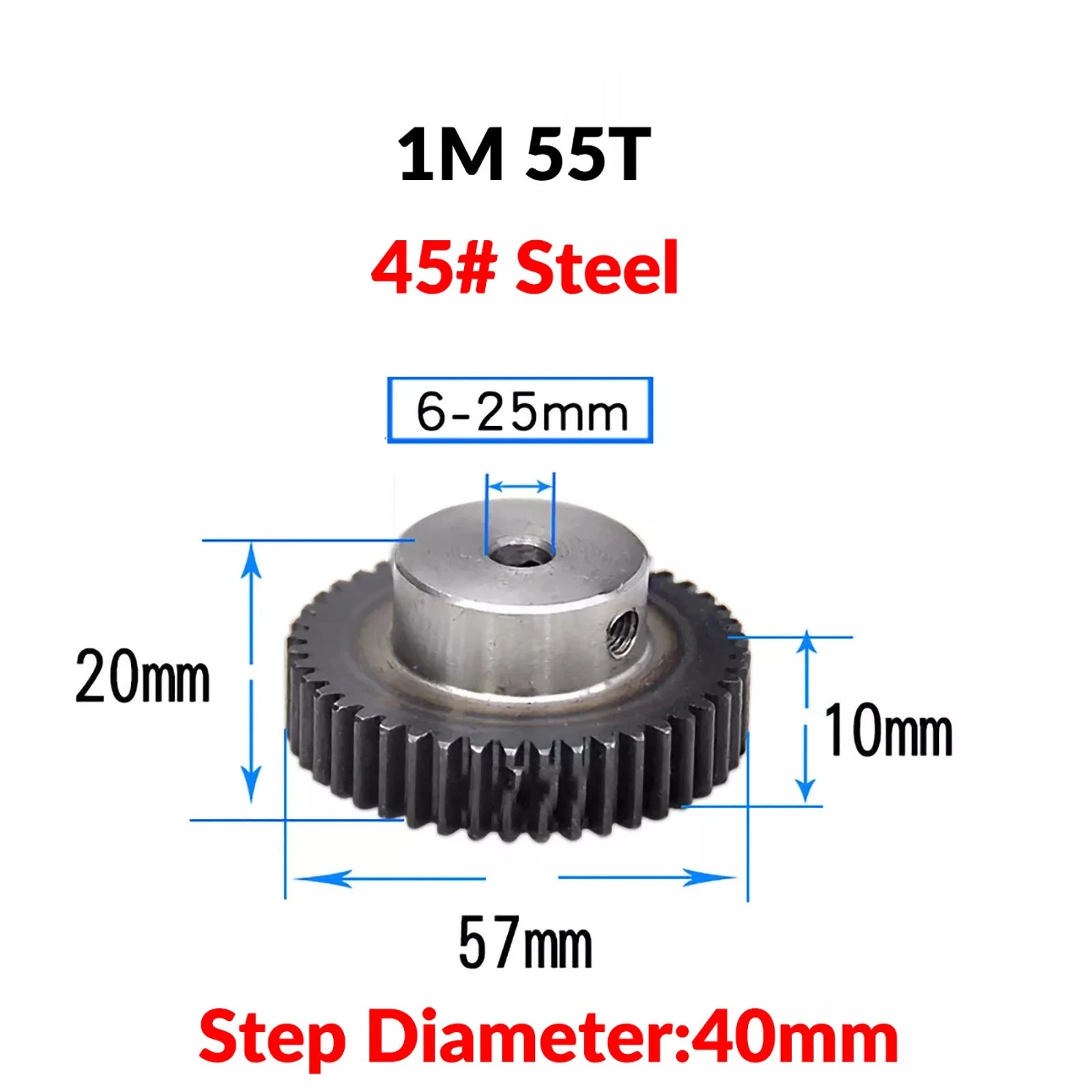 Mod 1 45# Steel Pinion Gear Spur Gears 10-60 T 14-50mm Bore With Step Motor Gear