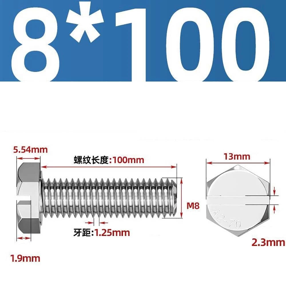External Hex Slotted Machine Screws – A2 Stainless Steel, M4 to M16, Fully Threaded