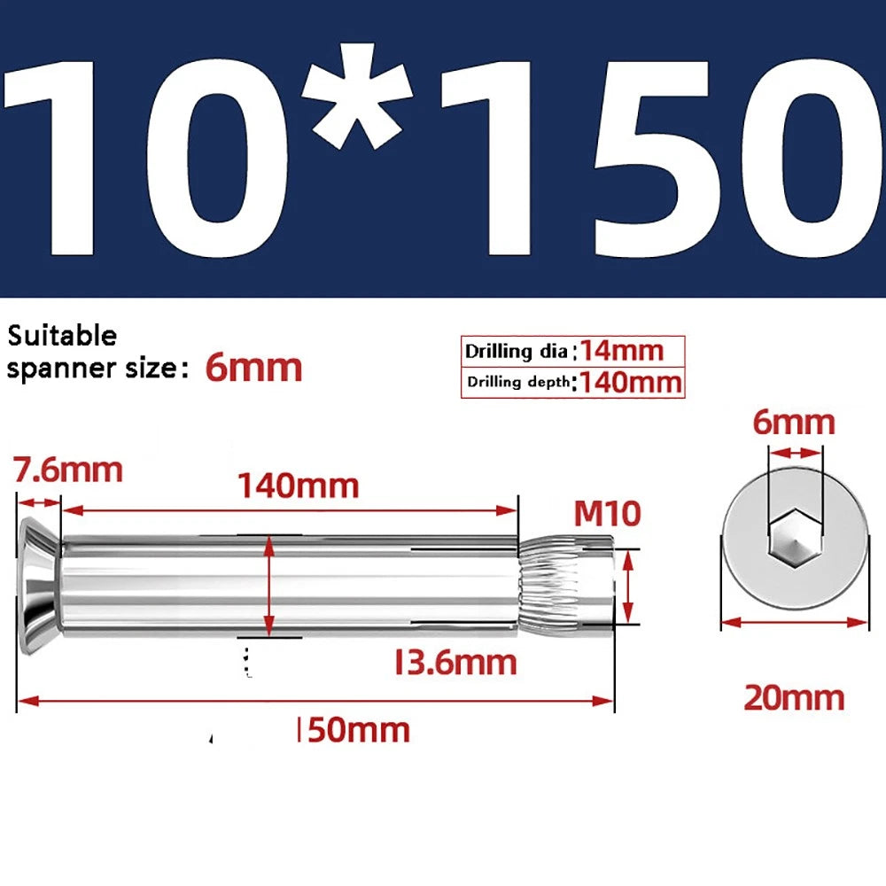 M6–M12 Countersunk Hex Socket Expansion Bolts — 304 & 201 Stainless Steel, A-Type & B-Type
