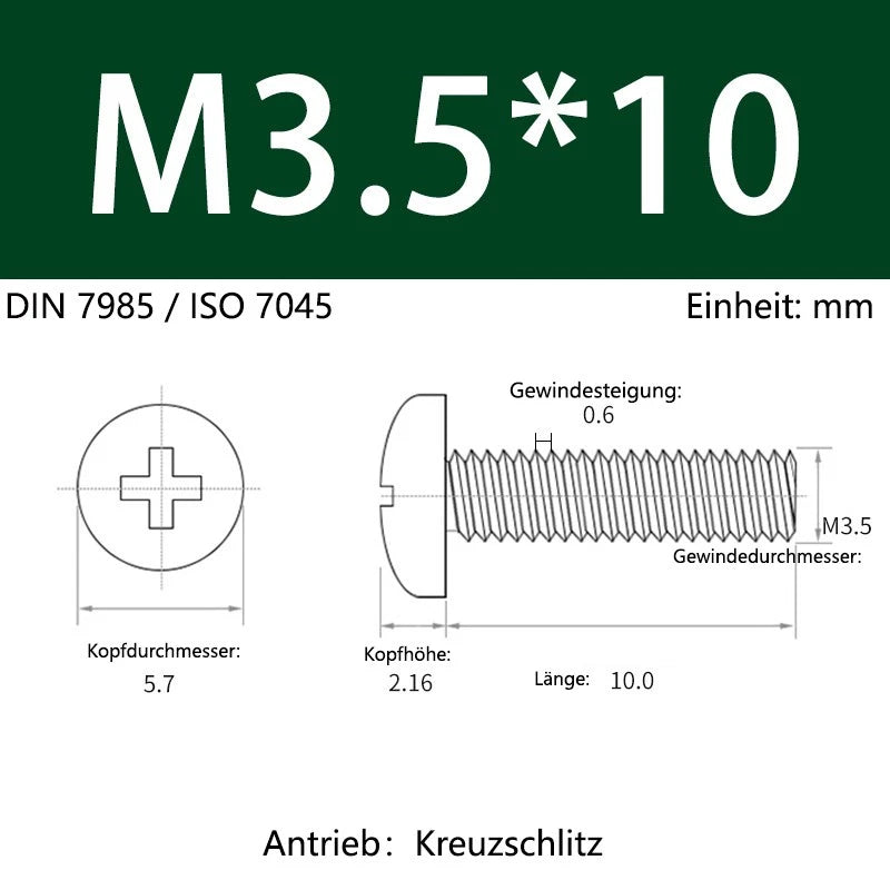 6063 Aluminium Phillips Pan Head Machine Screws DIN 7985 — M1.7 to M6 Metric