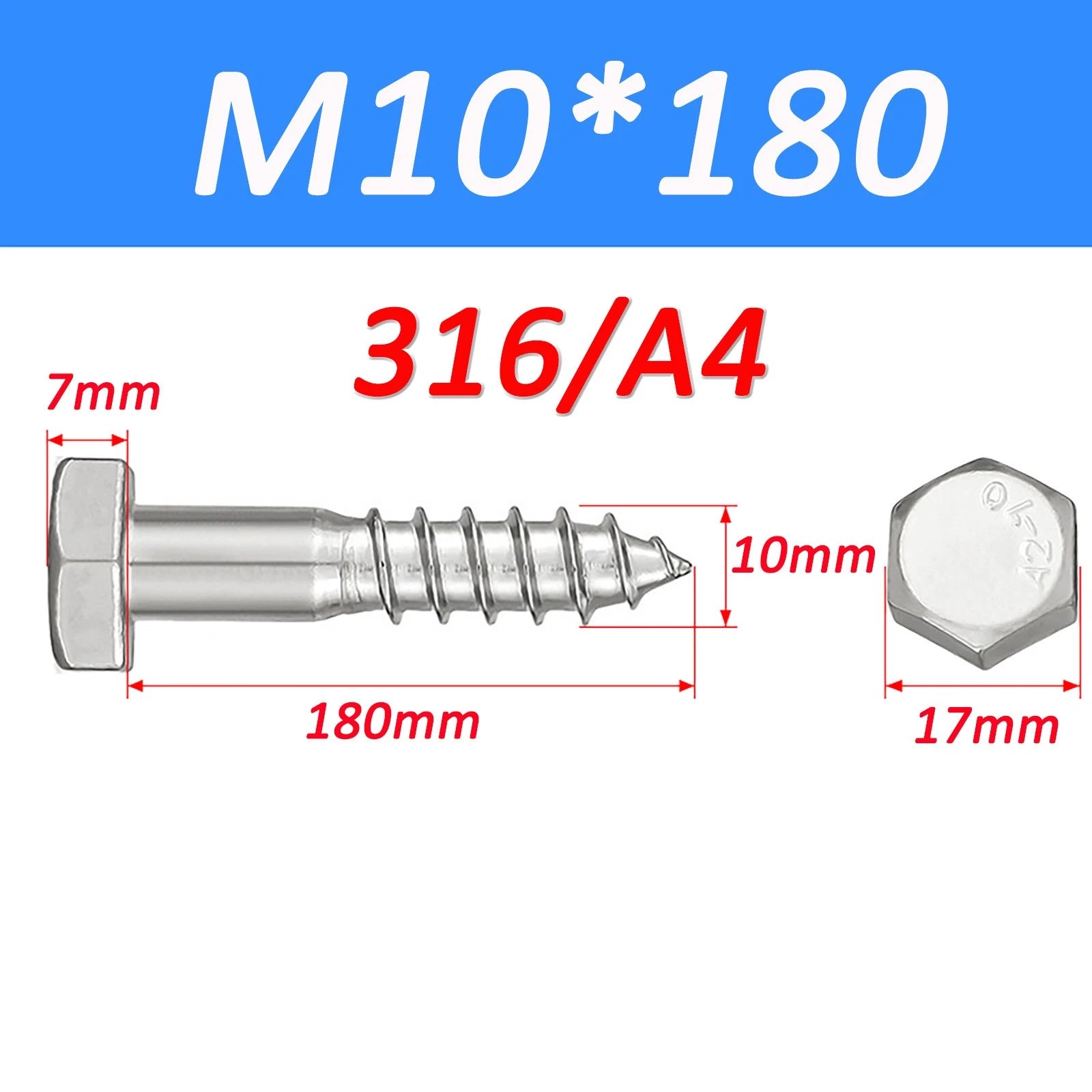 316 Stainless Steel Hex Head Lag Screws Marine Grade Wood Lag Bolts A4 Rustproof