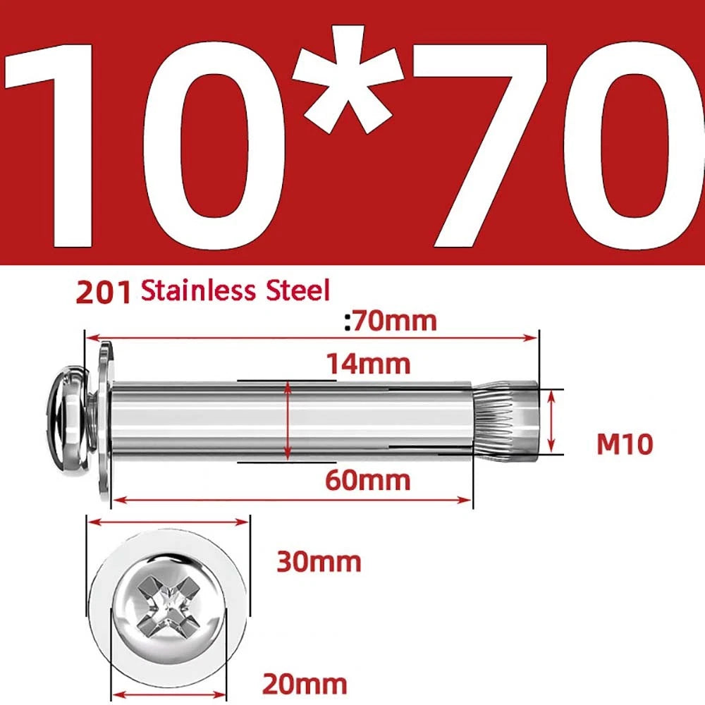 M6 M8 M10 Stainless Steel Expansion Screws — Round Head Phillips Drive, 40–100mm