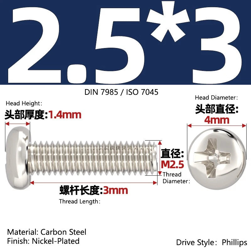 Nickel Plated Pan Head Phillips Machine Screws – ISO 7045, M1 to M4, Corrosion Resistant
