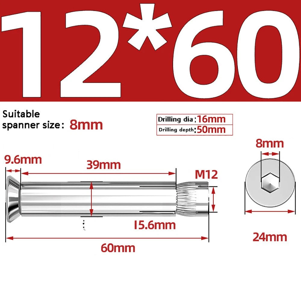 M6–M12 Countersunk Hex Socket Expansion Bolts — 304 & 201 Stainless Steel, A-Type & B-Type