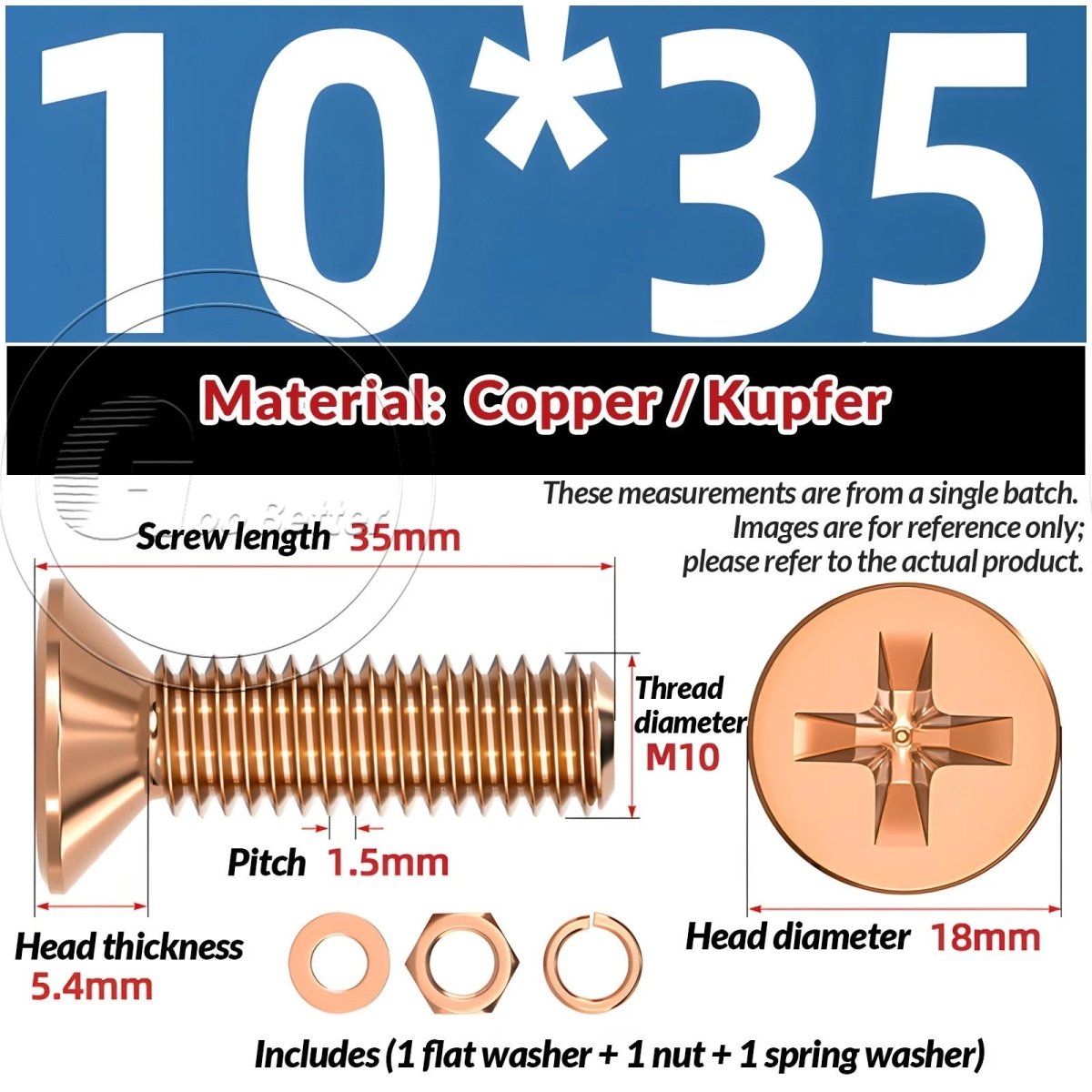 T2 Copper Pozi Countersunk Machine Screws with Flat Washer & Nut | M3–M10 - HomeDIYer