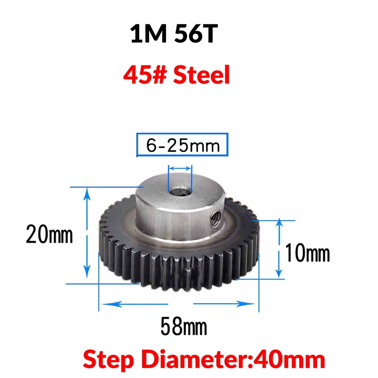 Mod 1 45# Steel Pinion Gear Spur Gears 10-60 T 14-50mm Bore With Step Motor Gear