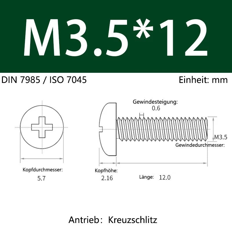 6063 Aluminium Phillips Pan Head Machine Screws DIN 7985 — M1.7 to M6 Metric