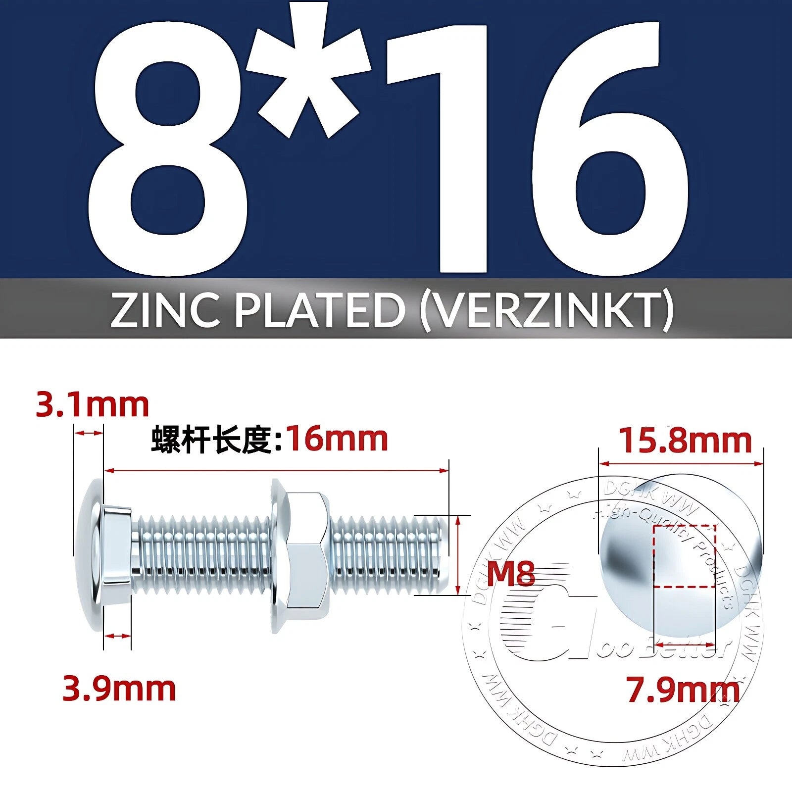 Cup Square Carriage Bolts with Hex Nut — Zinc Plated, M4 to M12