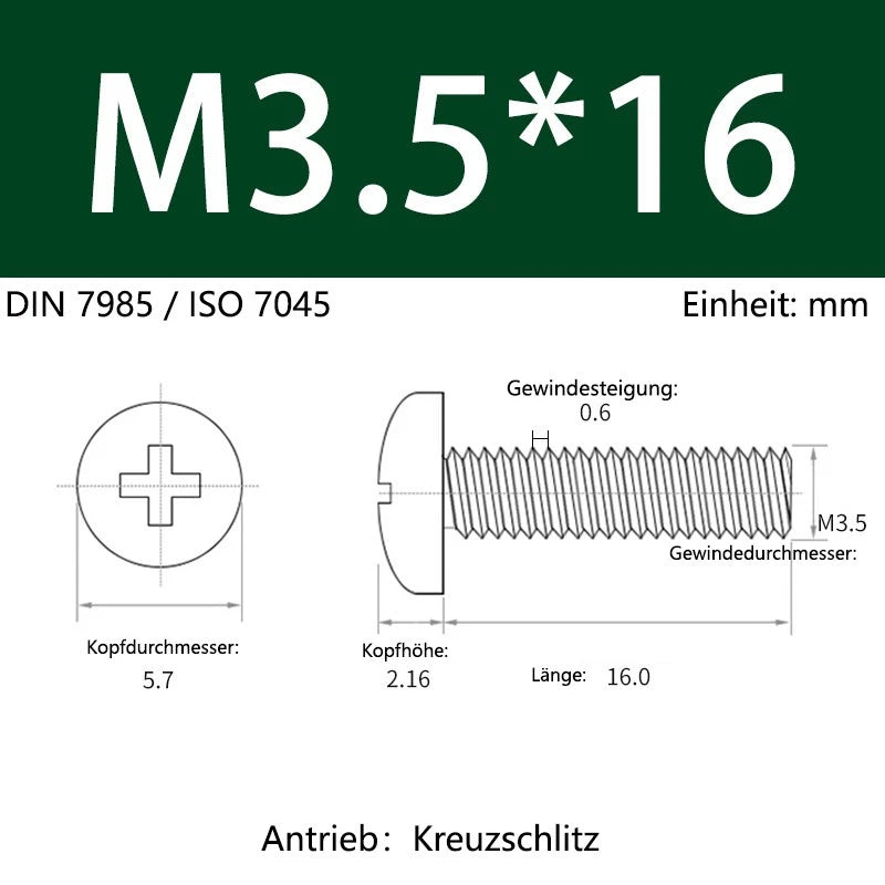 6063 Aluminium Phillips Pan Head Machine Screws DIN 7985 — M1.7 to M6 Metric