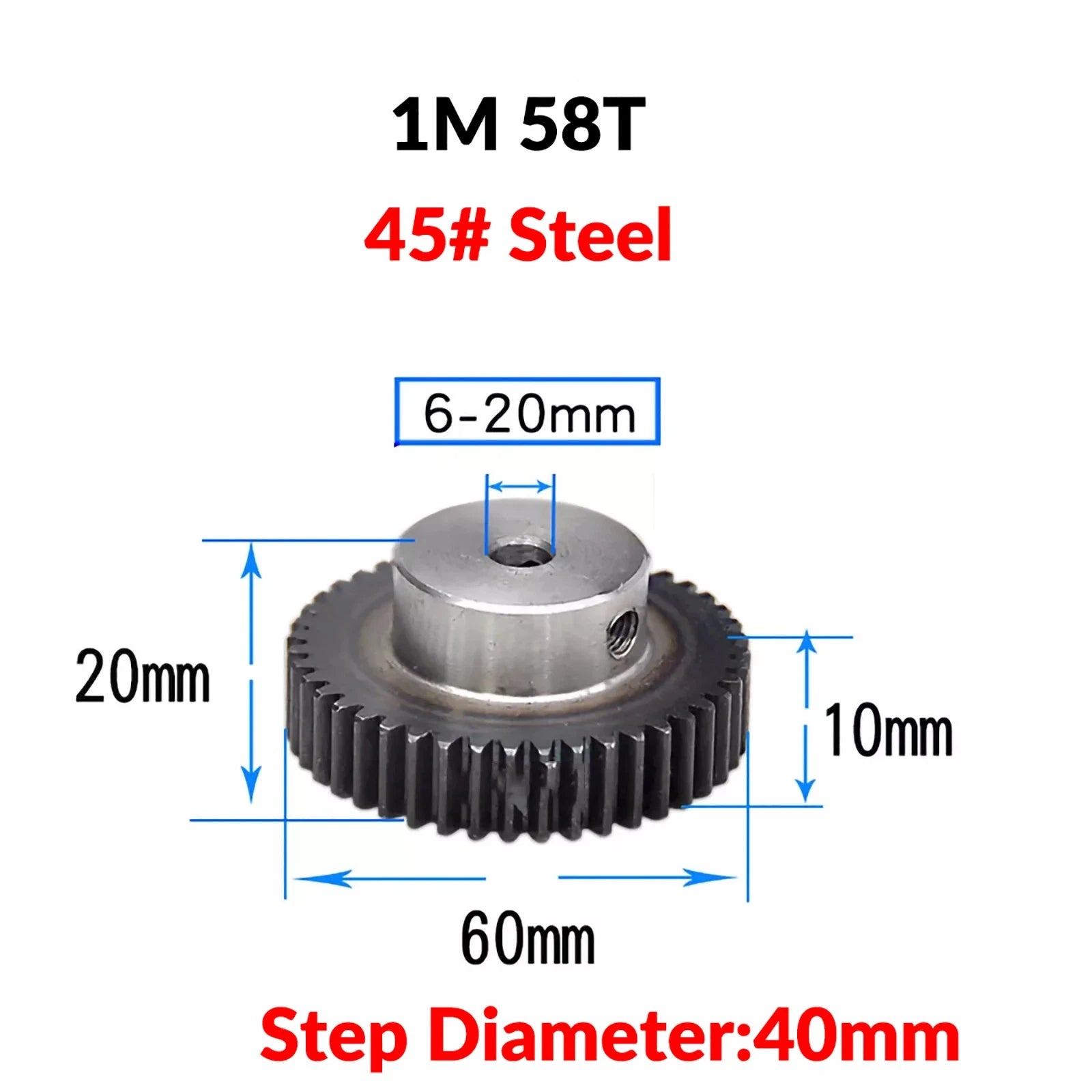Mod 1 45# Steel Pinion Gear Spur Gears 10-60 T 14-50mm Bore With Step Motor Gear