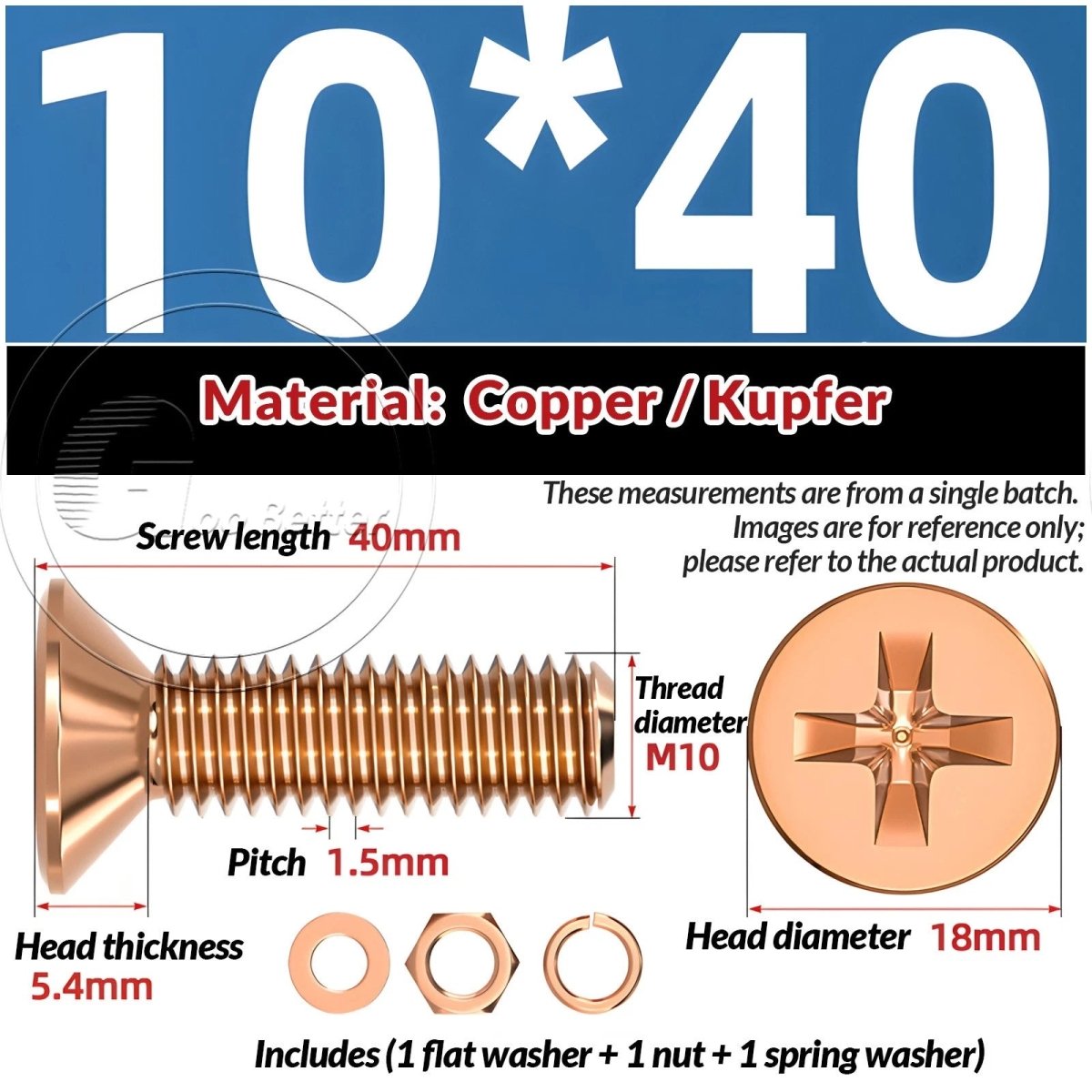 T2 Copper Pozi Countersunk Machine Screws with Flat Washer & Nut | M3–M10 - HomeDIYer