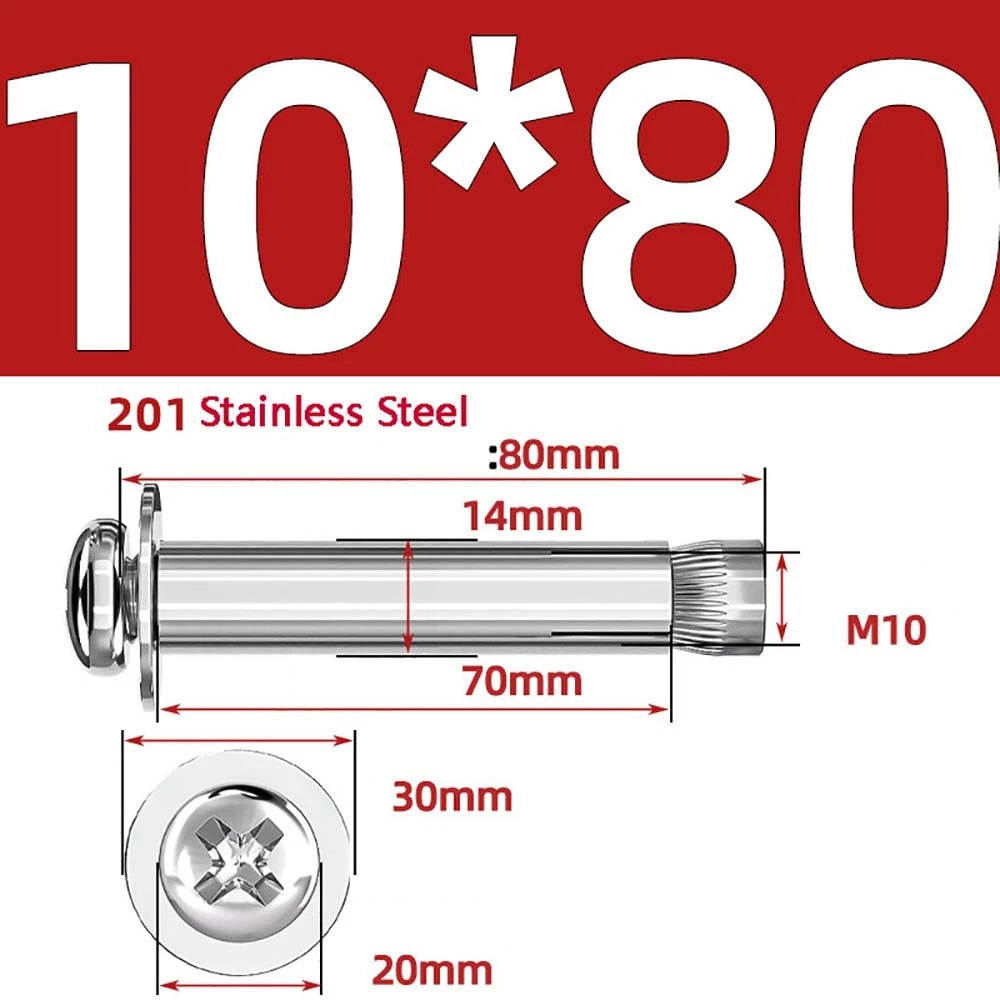 M6 M8 M10 Stainless Steel Expansion Screws — Round Head Phillips Drive, 40–100mm