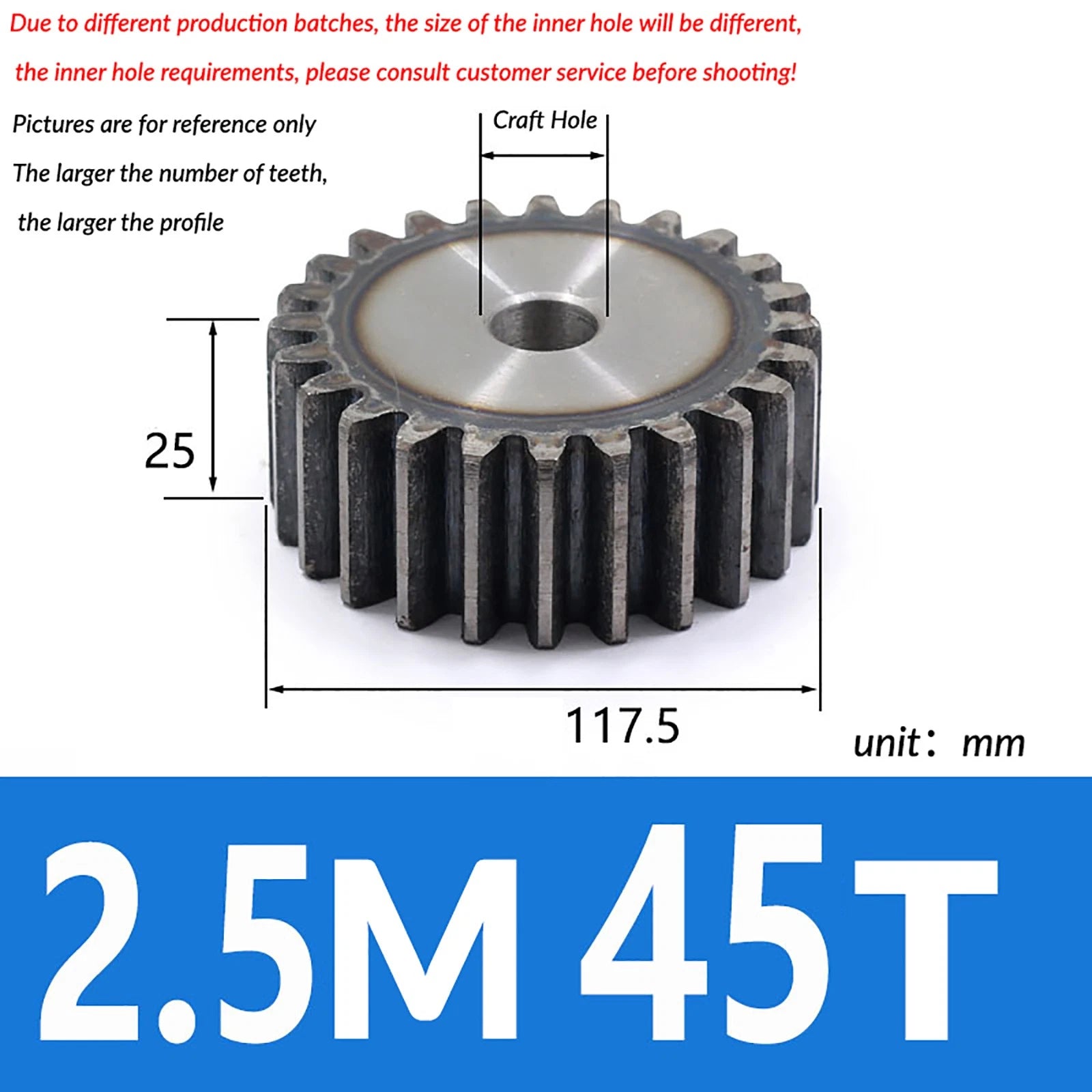 2.5 Mod 10T - 79T Spur Gear 45# Steel Pinion Gear Thickn 25MM Transmission Gear