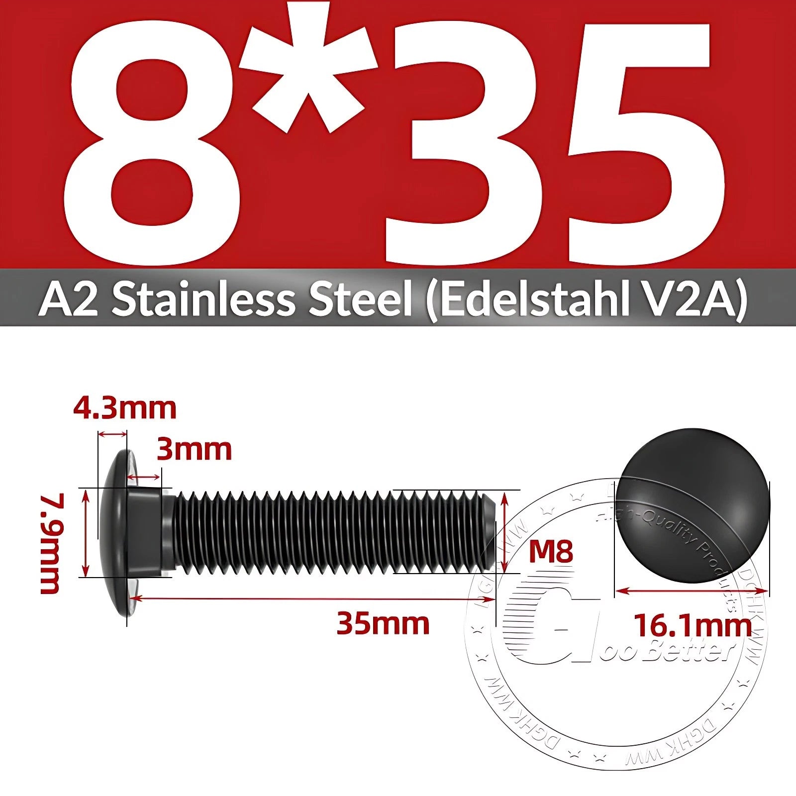 Black Stainless Steel Carriage Bolts M3–M12 | A2 Cup Square Dome Screws