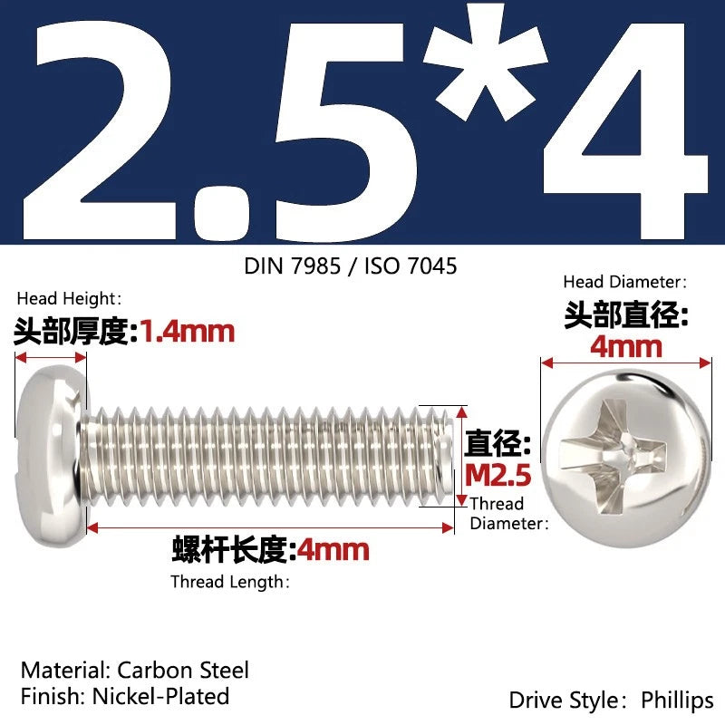 Nickel Plated Pan Head Phillips Machine Screws – ISO 7045, M1 to M4, Corrosion Resistant