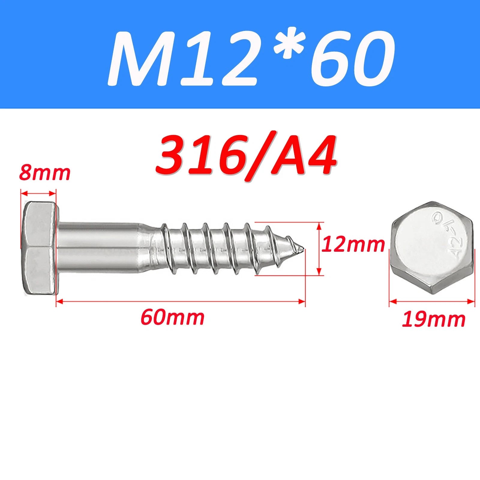 316 Stainless Steel Hex Head Lag Screws Marine Grade Wood Lag Bolts A4 Rustproof
