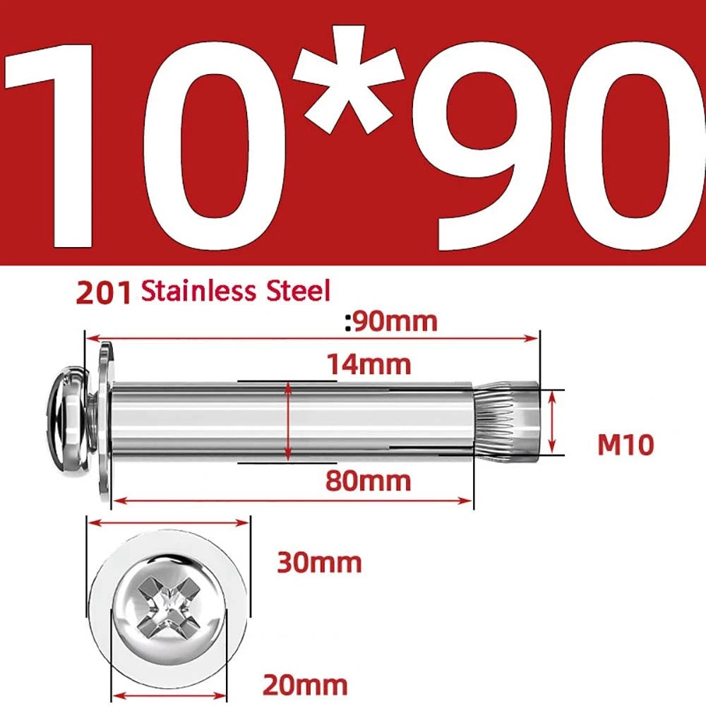 M6 M8 M10 Stainless Steel Expansion Screws — Round Head Phillips Drive, 40–100mm