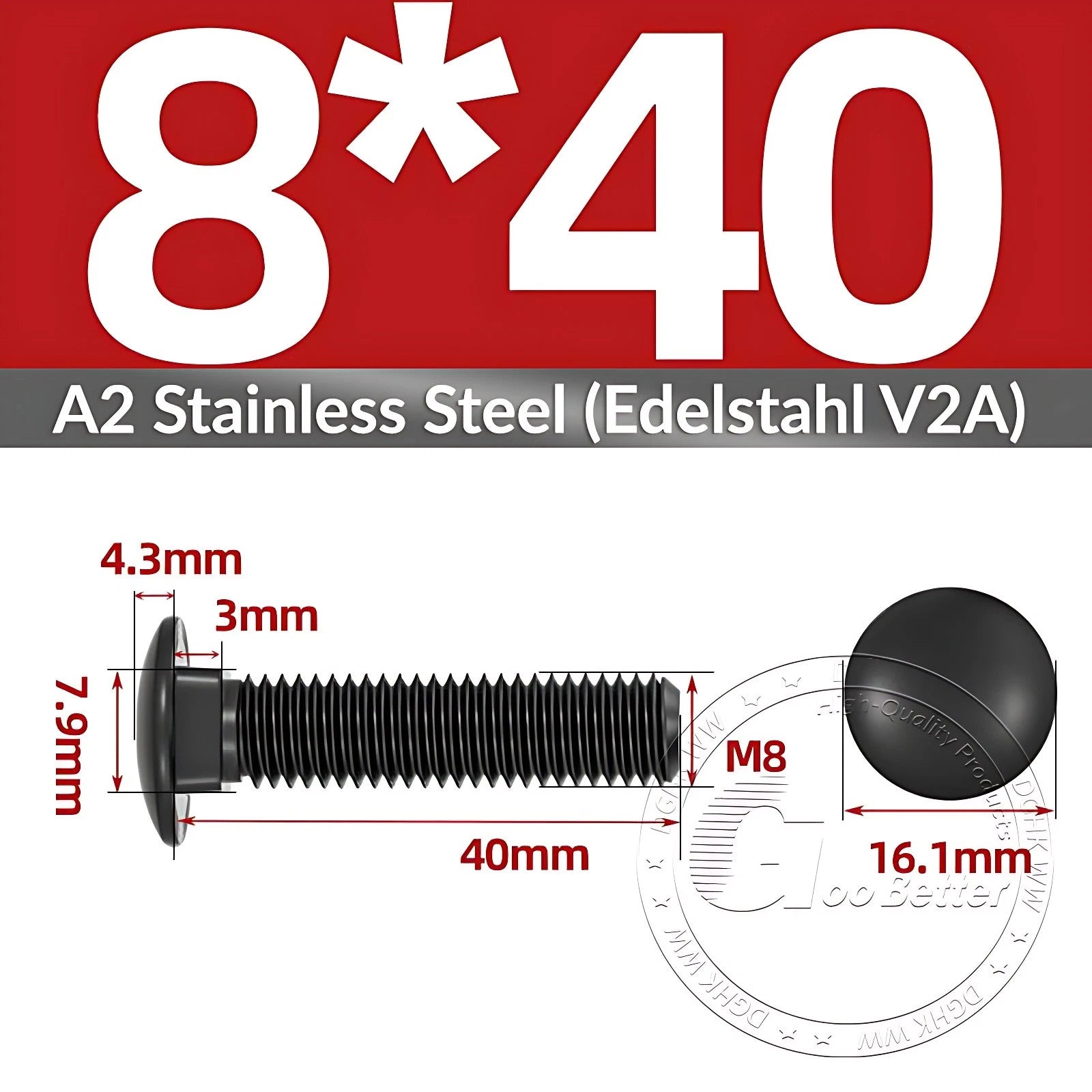 Black Stainless Steel Carriage Bolts M3–M12 | A2 Cup Square Dome Screws