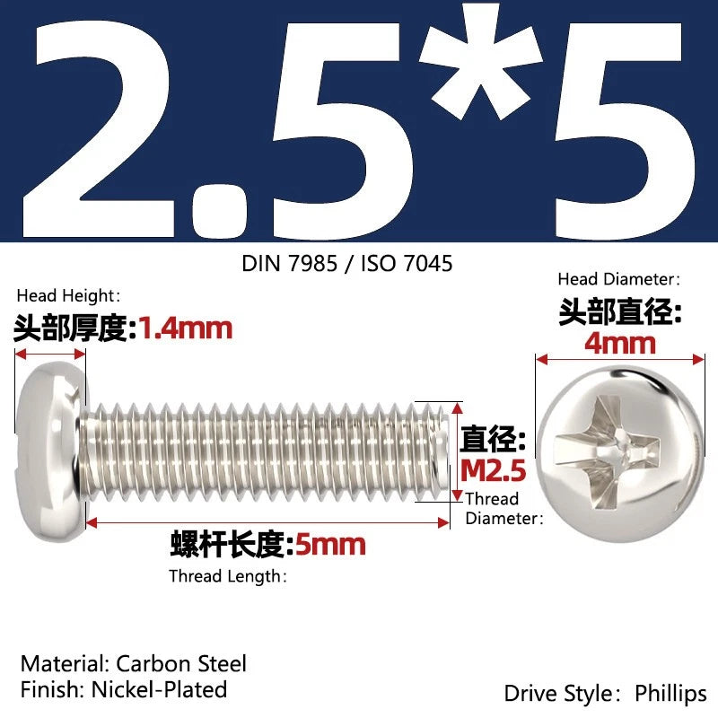 Nickel Plated Pan Head Phillips Machine Screws – ISO 7045, M1 to M4, Corrosion Resistant