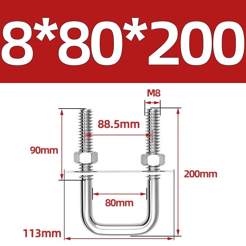M8 Square U - Bolts Stainless Steel A2 with Plates and Nuts — Multiple Sizes - HomeDIYer