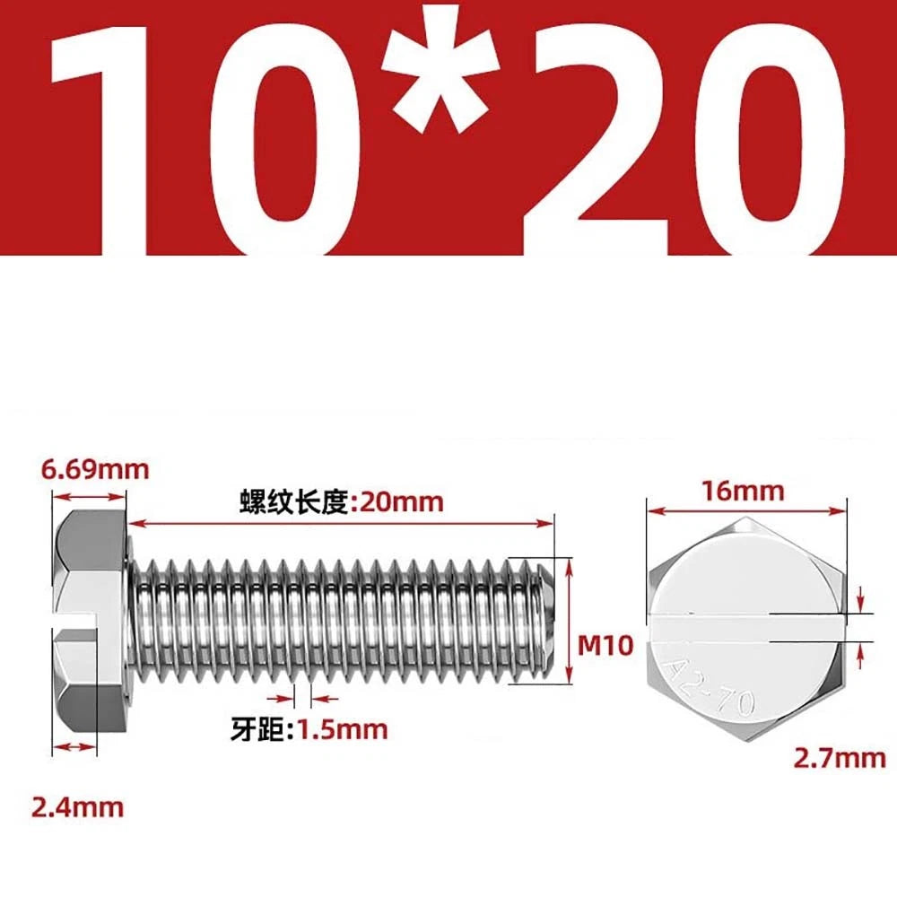 External Hex Slotted Machine Screws – A2 Stainless Steel, M4 to M16, Fully Threaded