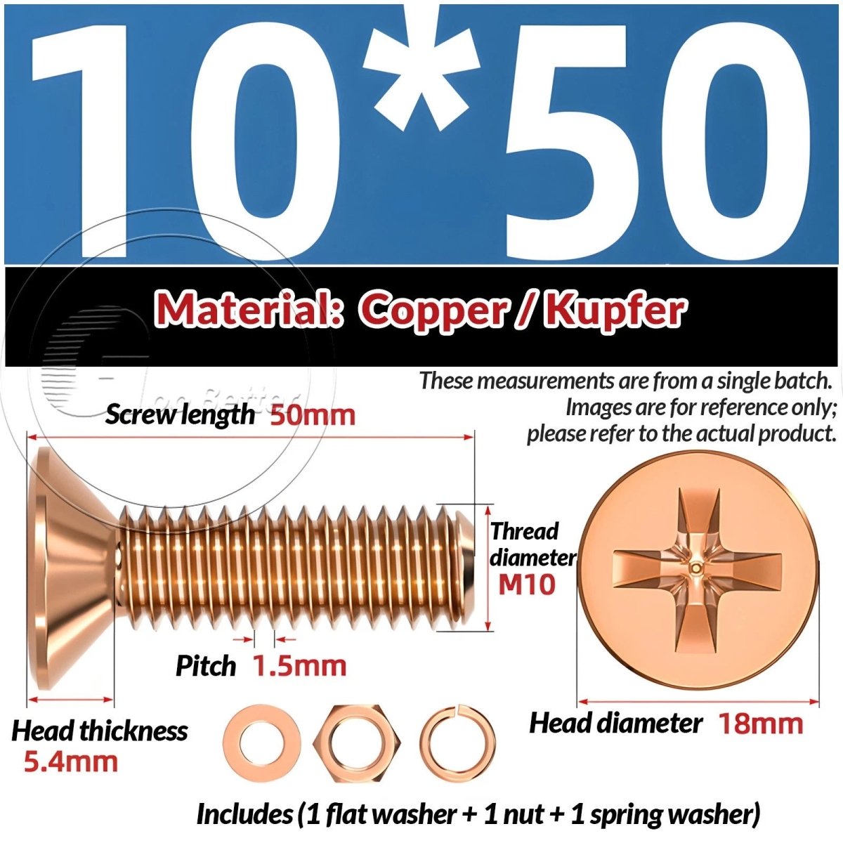 T2 Copper Pozi Countersunk Machine Screws with Flat Washer & Nut | M3–M10 - HomeDIYer