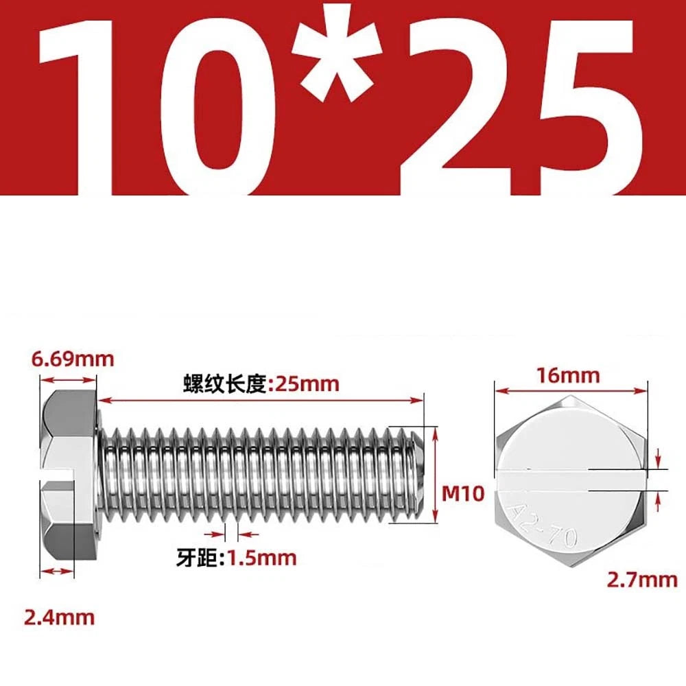 External Hex Slotted Machine Screws – A2 Stainless Steel, M4 to M16, Fully Threaded