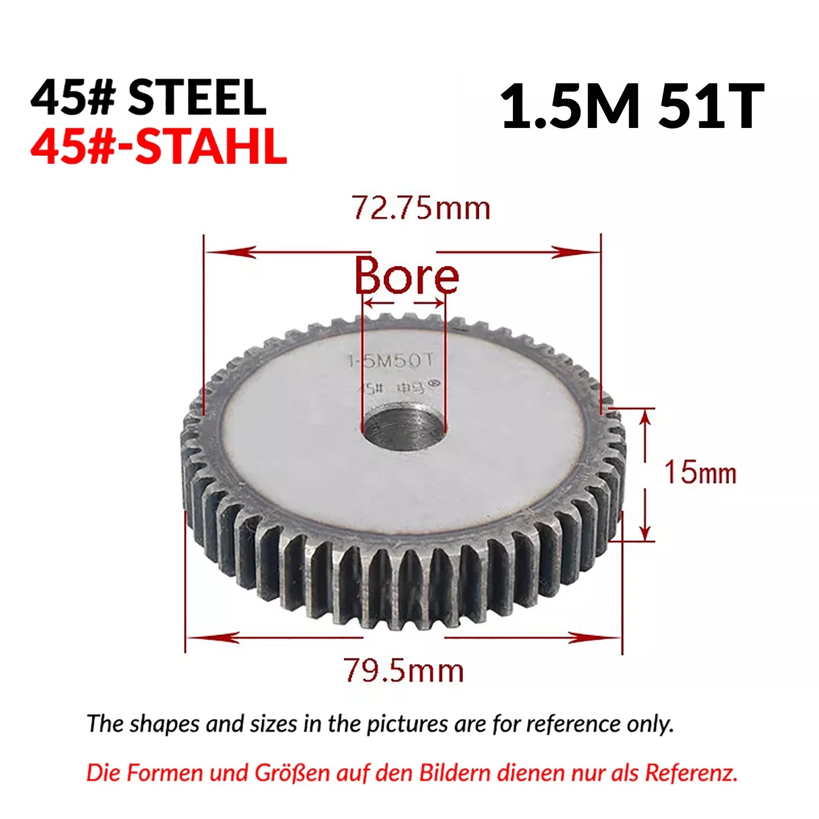 1.5 Mod 12/13/14/15/16/17/18/20-120T 45# Spur Gear Thickn 15mm Transmission Gear
